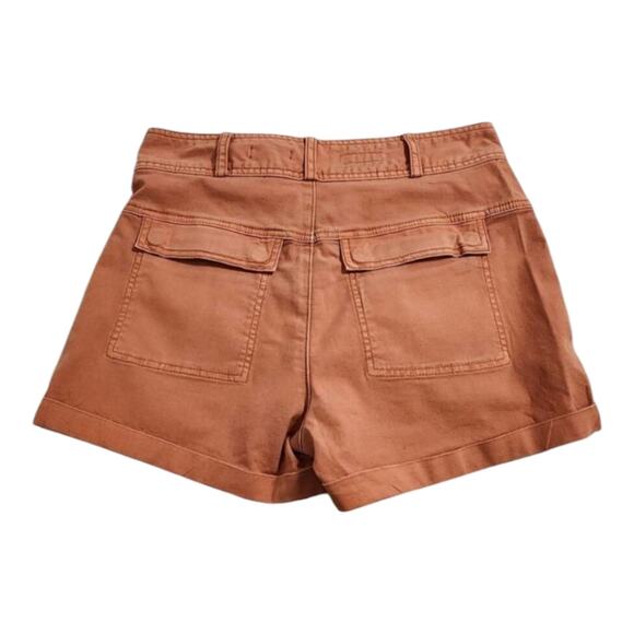 Anthropologie High Waist Pleated Shorts, Orange Rolled Cuff Shorts with Pockets - Picture 3 of 11